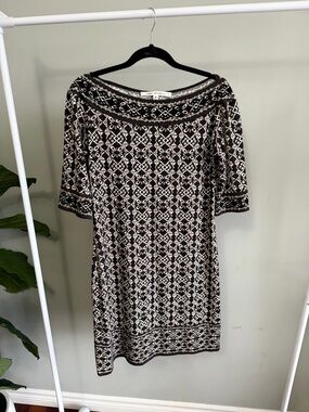Max Studio Tribal 3/4 Sleeve Brown and Beige Patterned Dress Size M